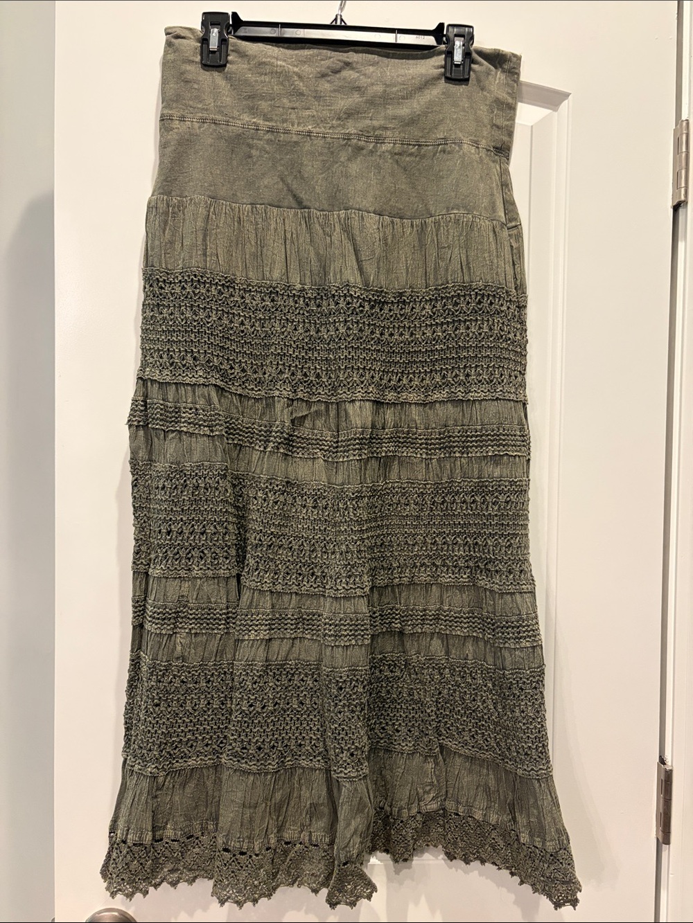 Olive Crochet Tiered Maxi Skirt